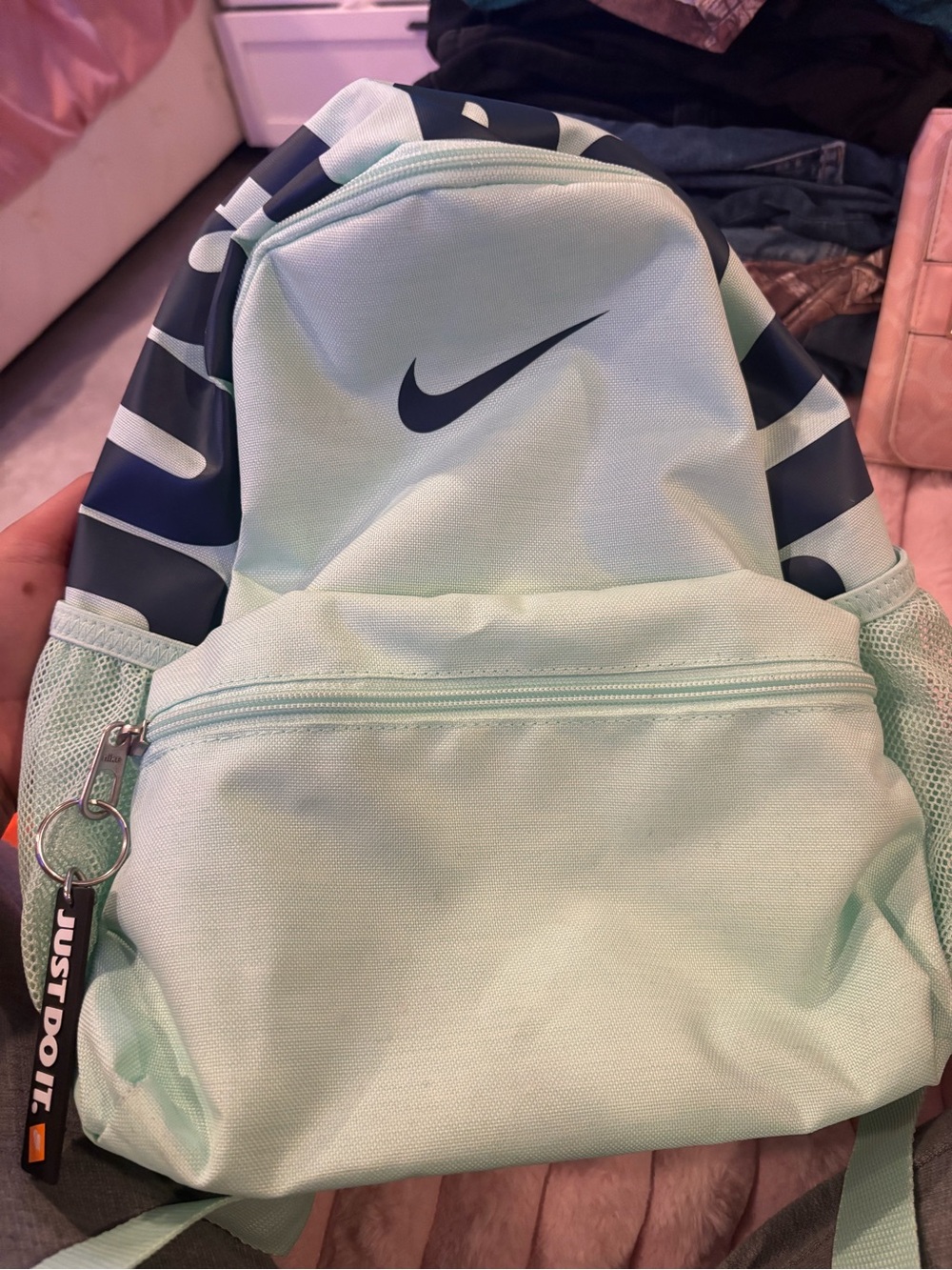 Nike Mint Green Backpack with Navy Logo and Accent Panels